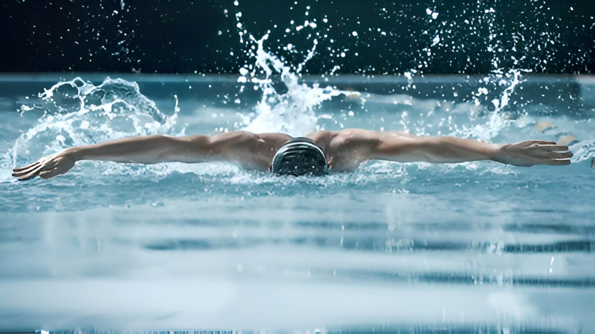 Swimmer performing butterfly stroke in pool.